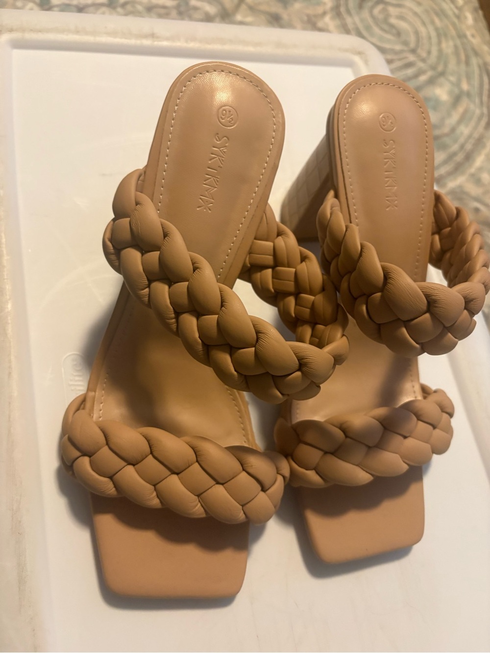 Braided Double-Strap Tan Heeled Sandals